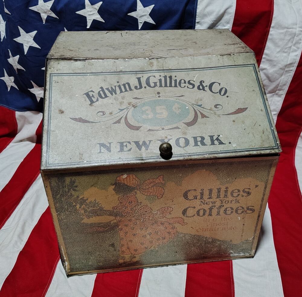 Antique General Store Tin Litho Gillie's New York Advertising Coffee /Tea Bin